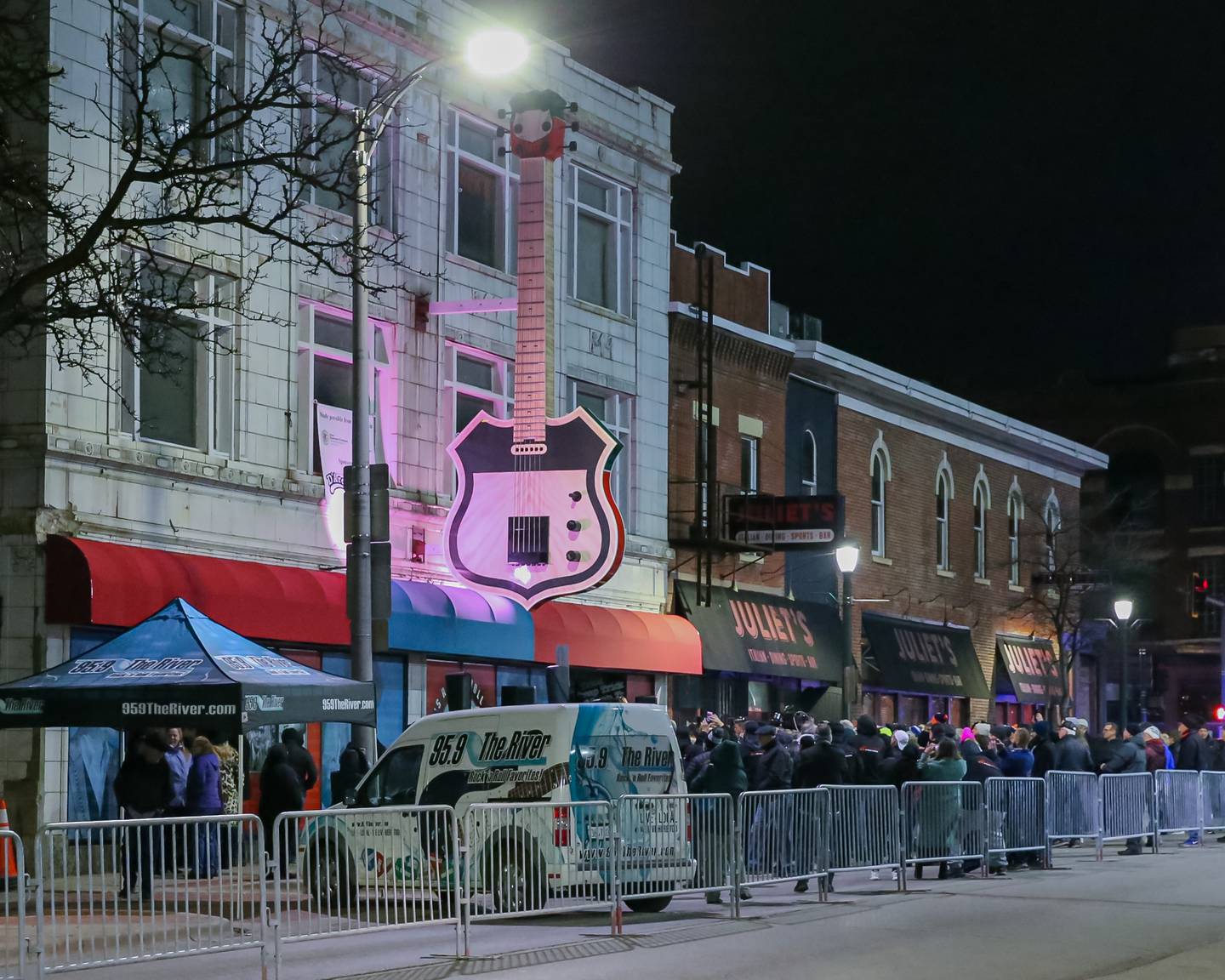 A large crowd gathered during the GIGANTAR celebratory lighting ceremony at the Illinois Rock and Roll museum.  Jan 20, 2023.